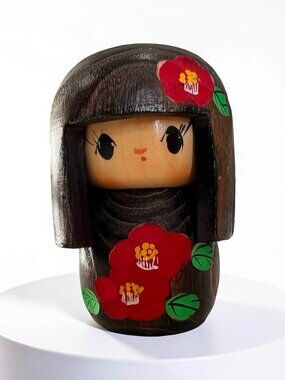 Kokeshi Japanese Wooden Doll Vintage Floral Hand Crafted and Painted